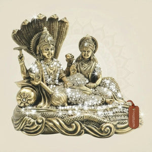 6-Inch Brass Lakshmi Narayan Idol Seated on Sheshnag with Radiant Stone Work