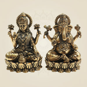 Brass Laxmi Ganesh Idol Pair – Small Lotus Base Murti 3"