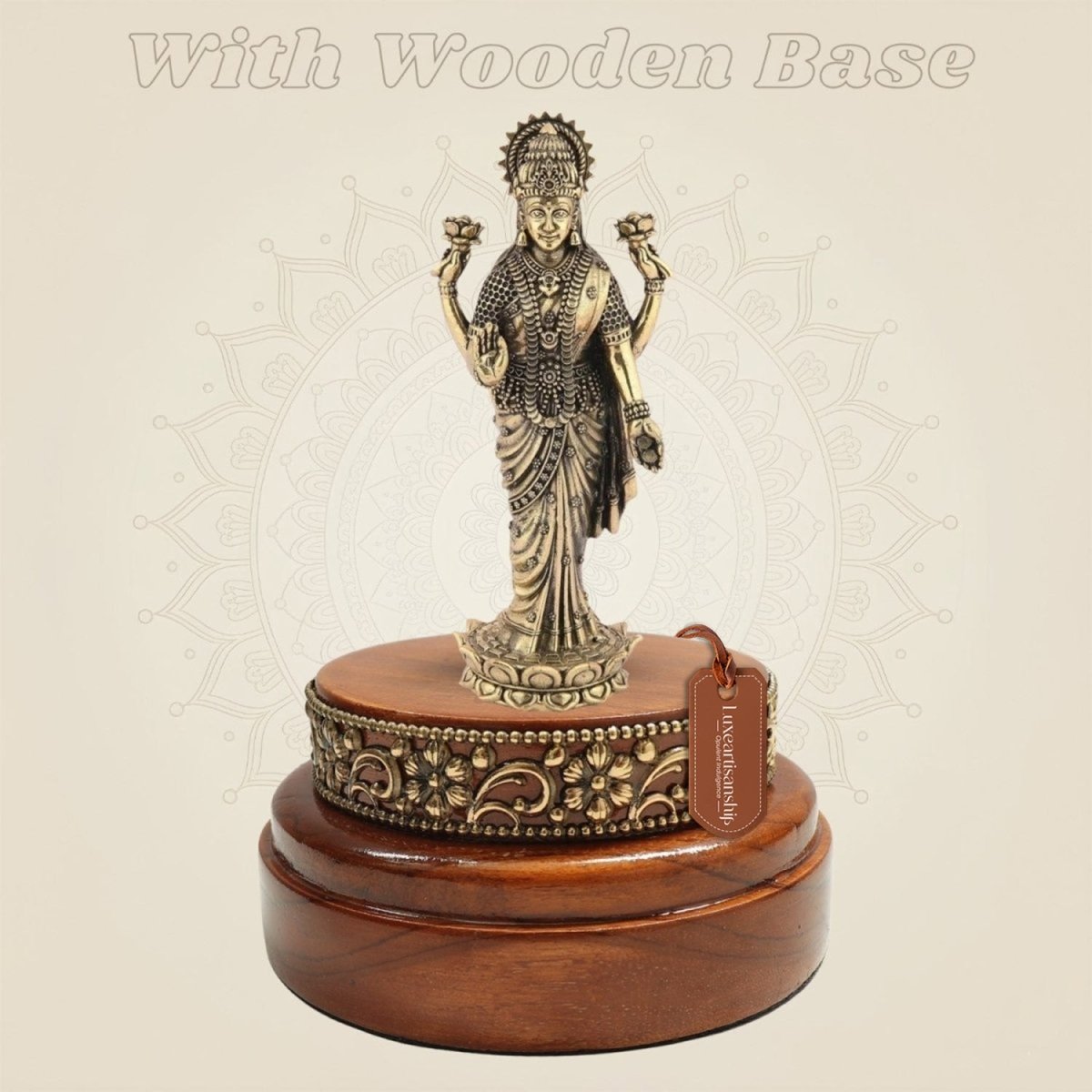 6.75 inch Brass Lakshmi Ji Idol on Smooth Round Wooden Platform