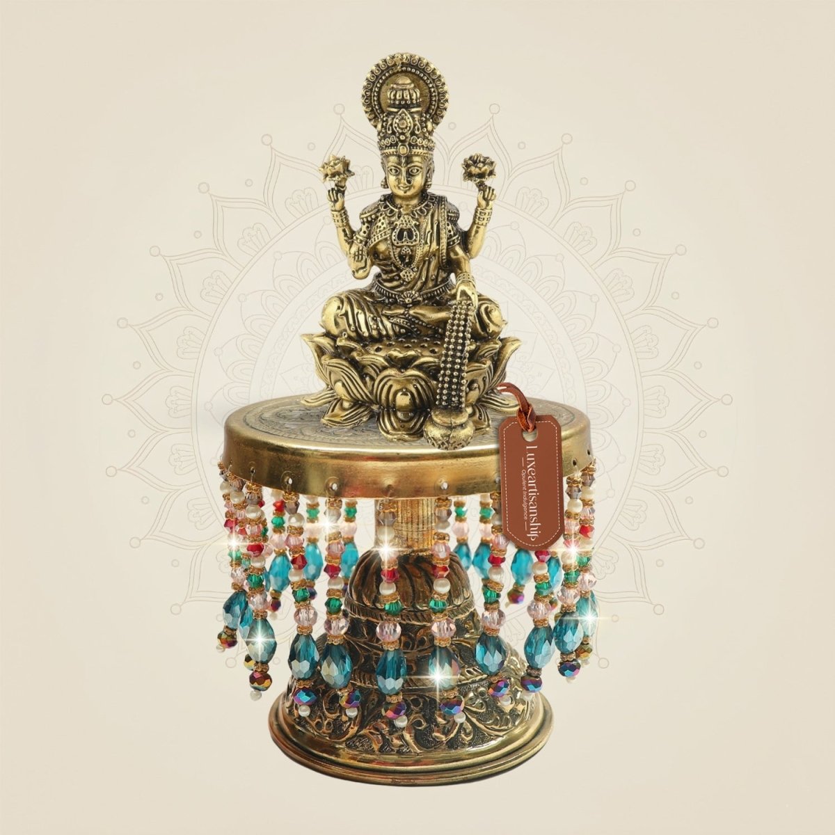 Brass Laxmi Maa Murti on Lotus on Chowki 7.75" – Display Arrangement Piece - Luxeartisanship