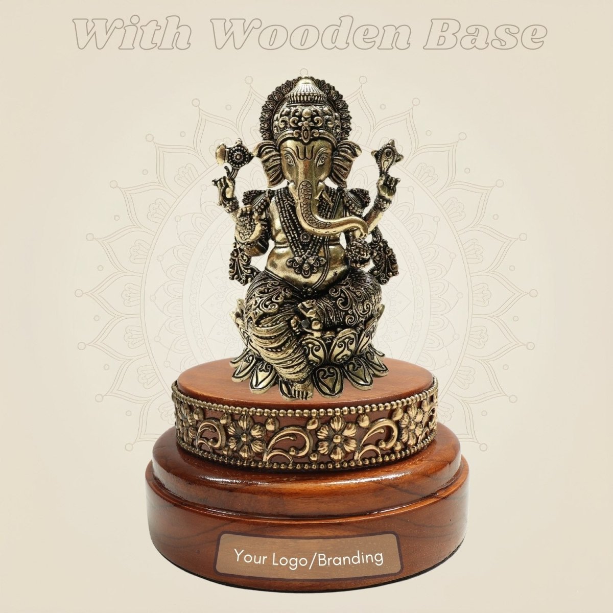 Brass Lord Ganesha Idol 4" Set on a Round Wood Platform - Luxeartisanship