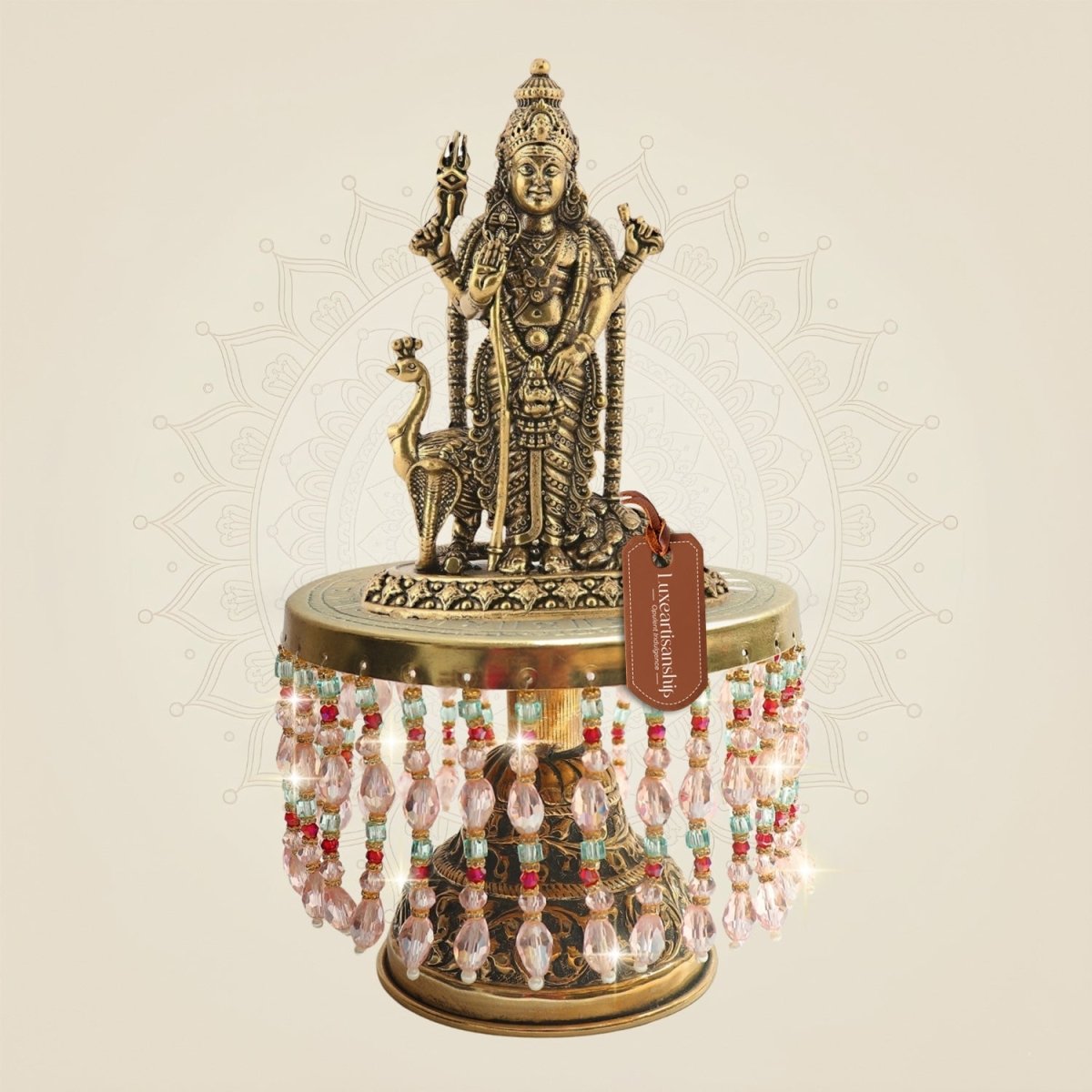 Brass Lord Kartikeya with Peacock on Chowki 8"– Murugan Standing Form - Luxeartisanship