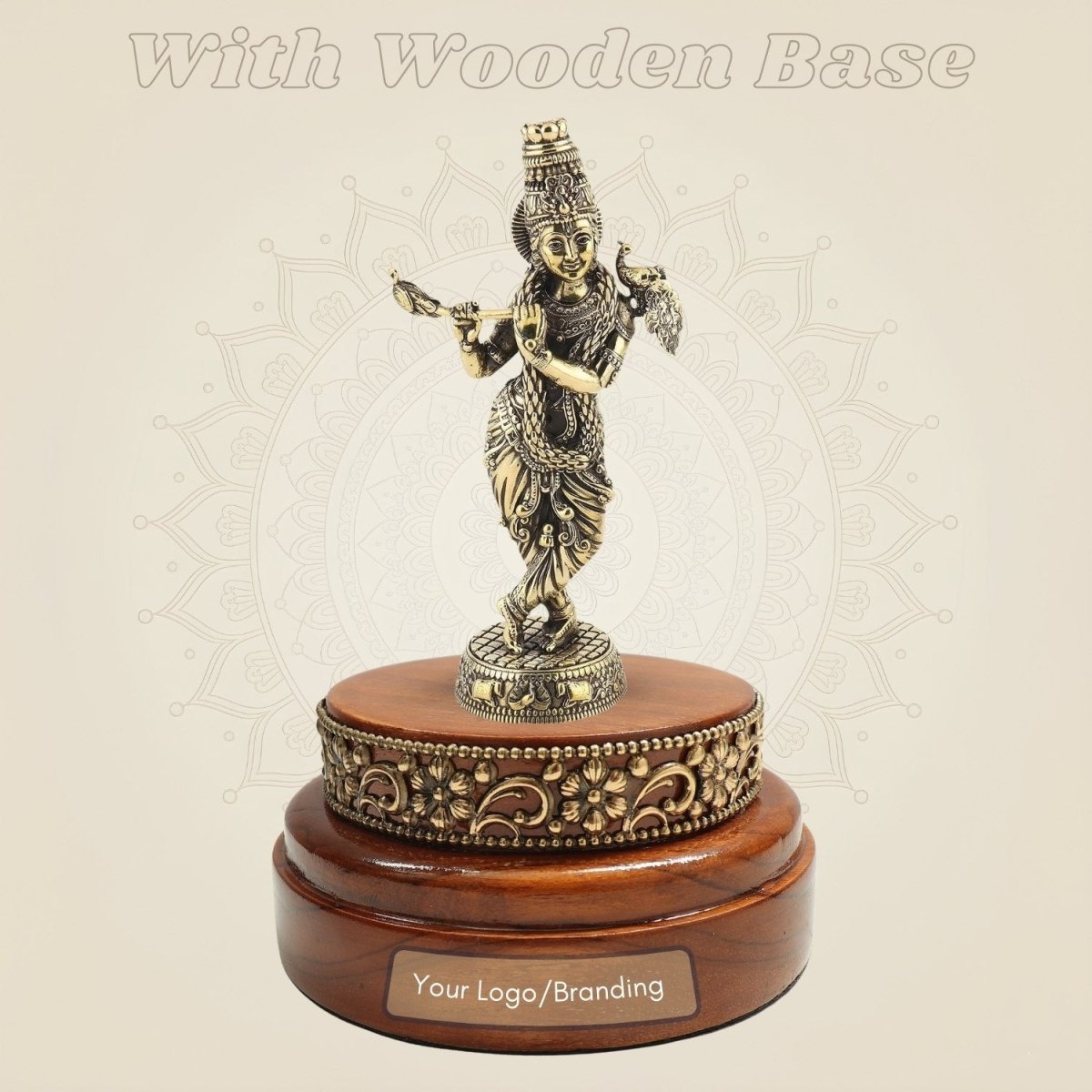 Brass Lord Krishna with Peacock Idol 5″, Anchored by Round Wooden Base - Luxeartisanship