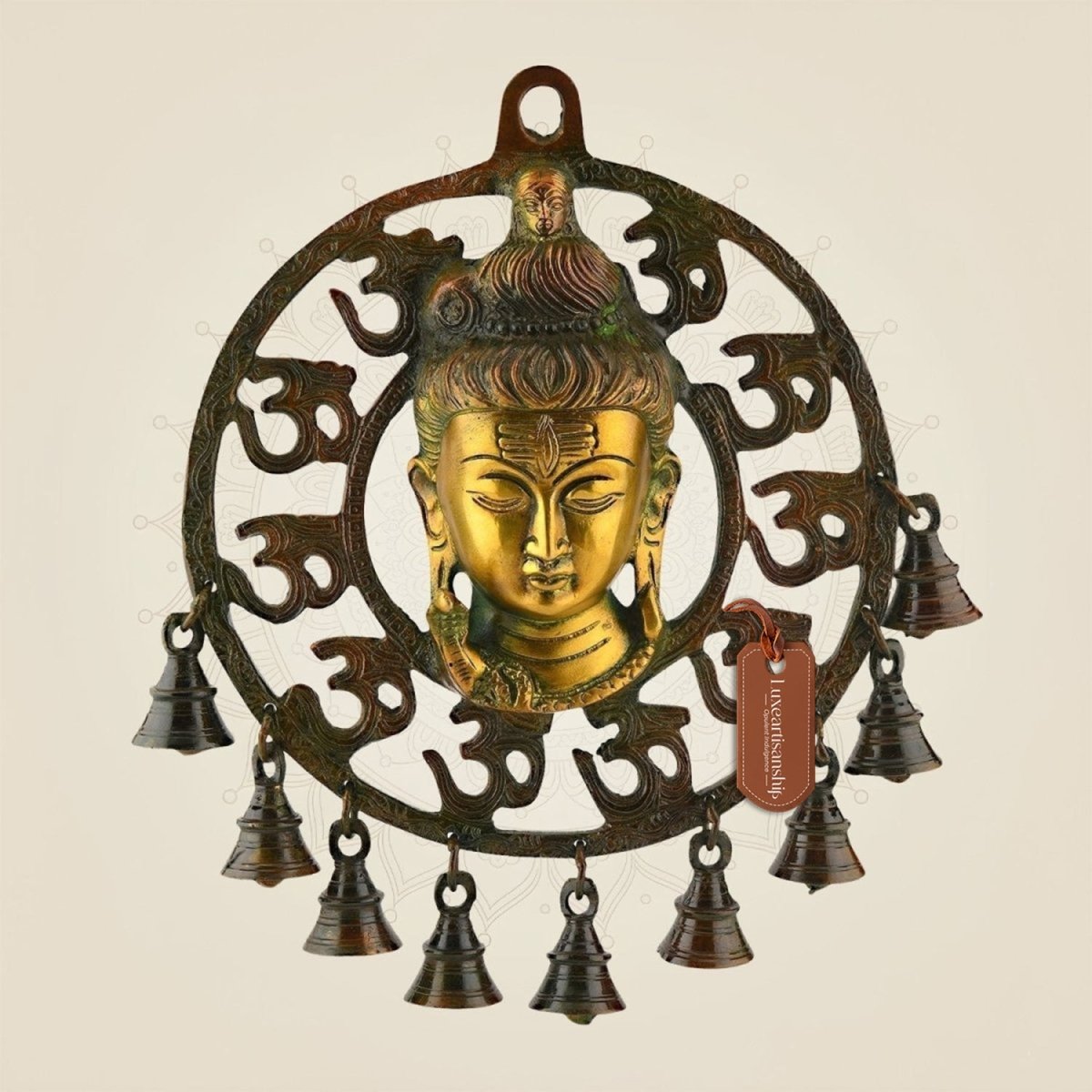 Brass Om Shiva Wall Hanging 10.75″ – With Naag, Ganga & Hanging Bells - Luxeartisanship