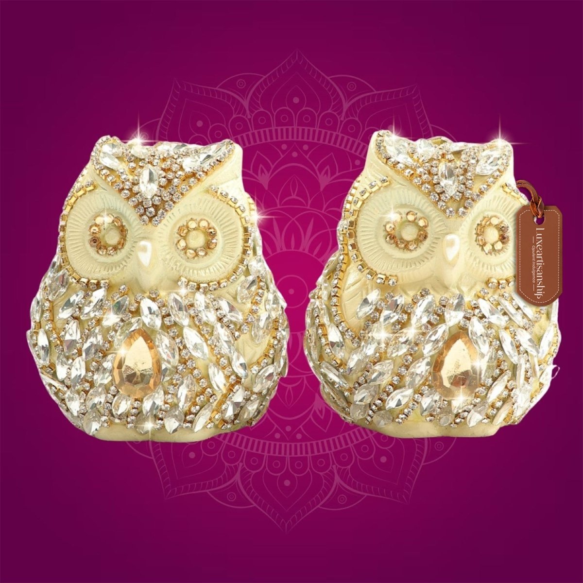 Brass Owl Pair Figurine Decorated with Rhinestones 3" - Luxeartisanship