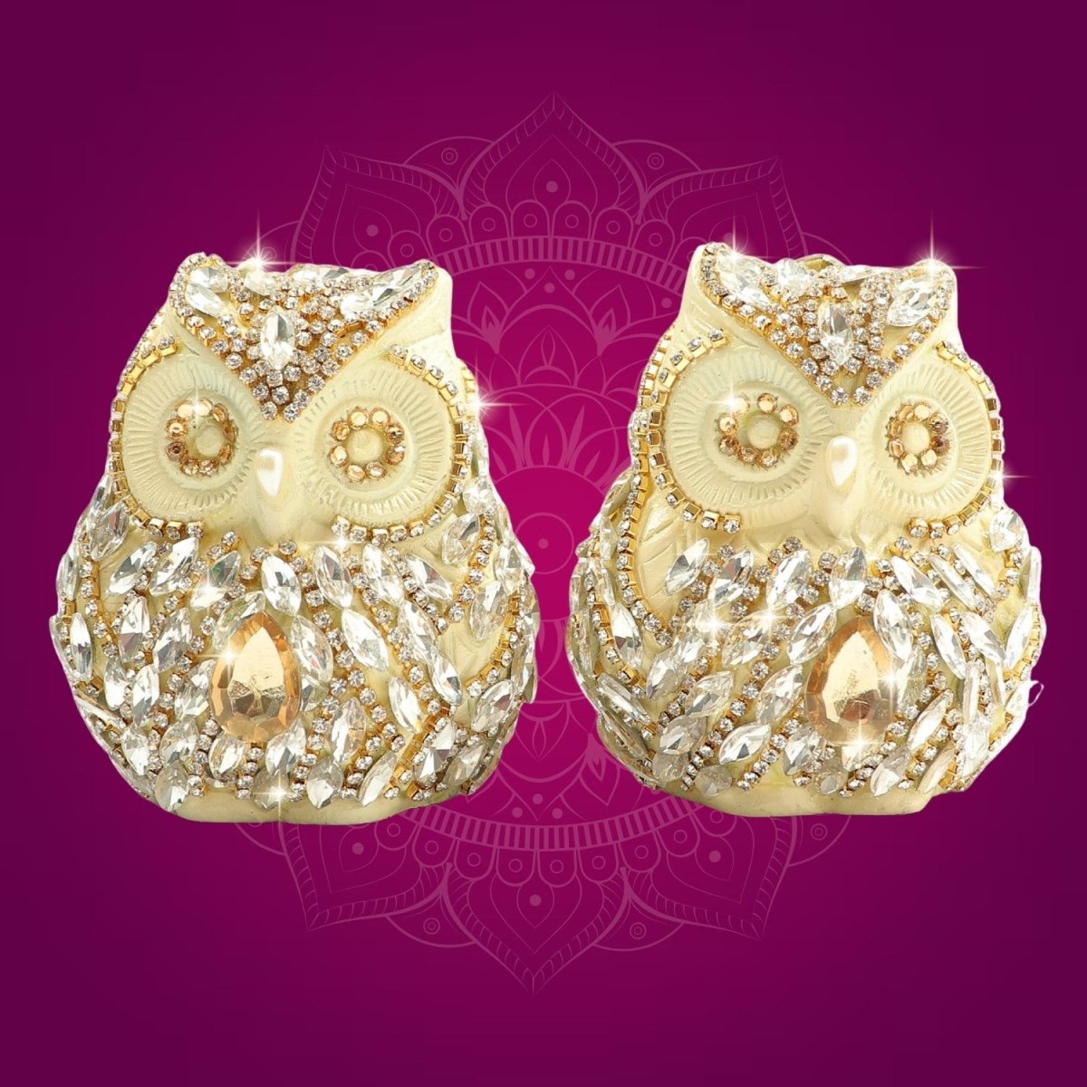 Brass Owl Pair Figurine Decorated with Rhinestones 3" - Luxeartisanship