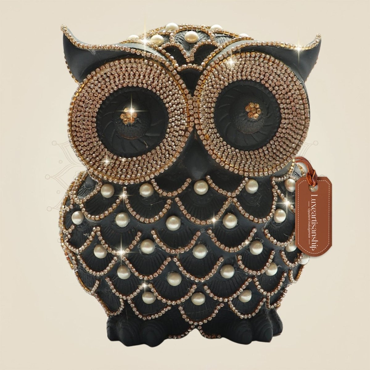 Brass Owl Showpiece 7" with Rhinestone Work for Decor and Vastu - Luxeartisanship