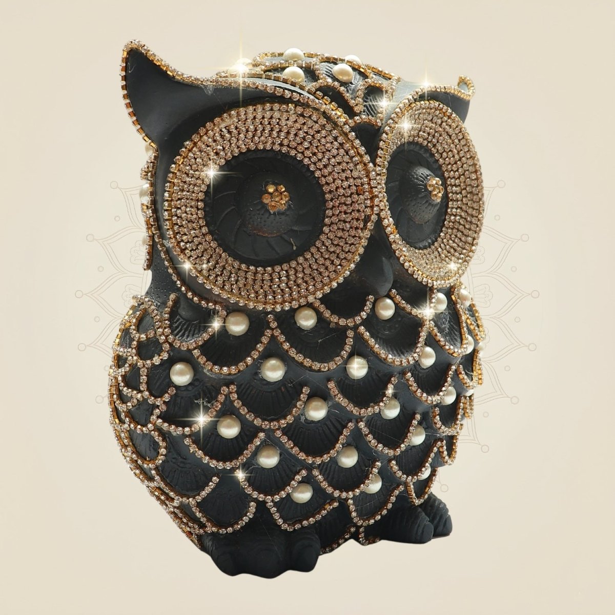 Brass Owl Showpiece 7" with Rhinestone Work for Decor and Vastu - Luxeartisanship