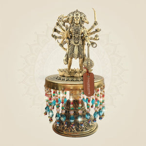 Brass Panchmukhi Hanuman Idol on Chowki 8.5"– Ten - Armed Standing Form - Luxeartisanship