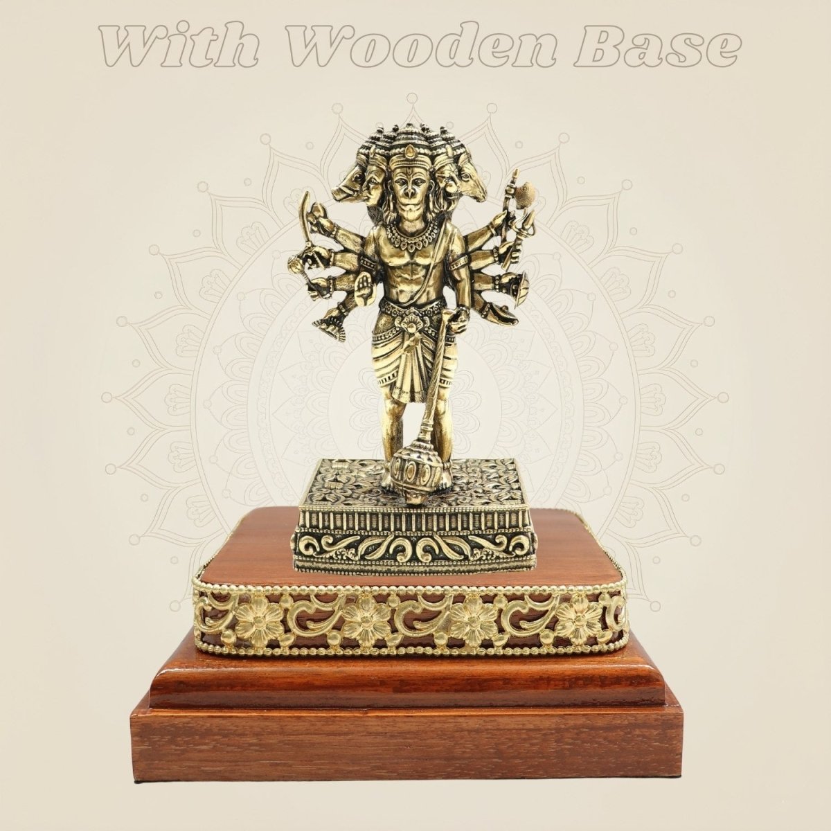 Brass Panchmukhi Hanuman Murti 4.75″ on Square Wood Platform - Luxeartisanship