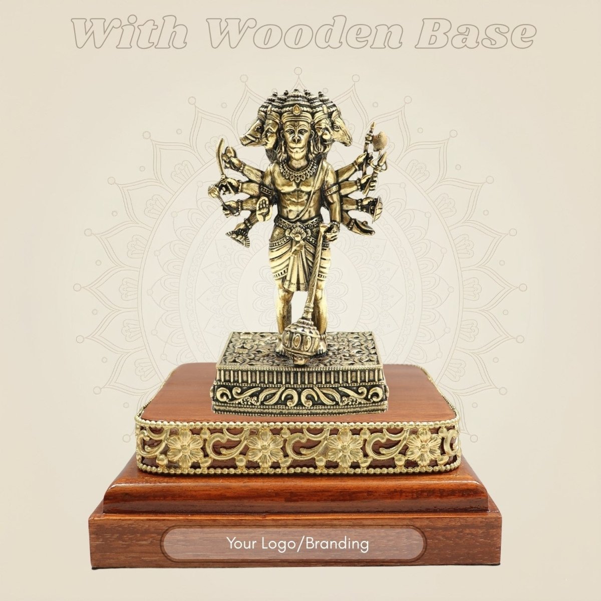 Brass Panchmukhi Hanuman Murti 4.75″ on Square Wood Platform - Luxeartisanship