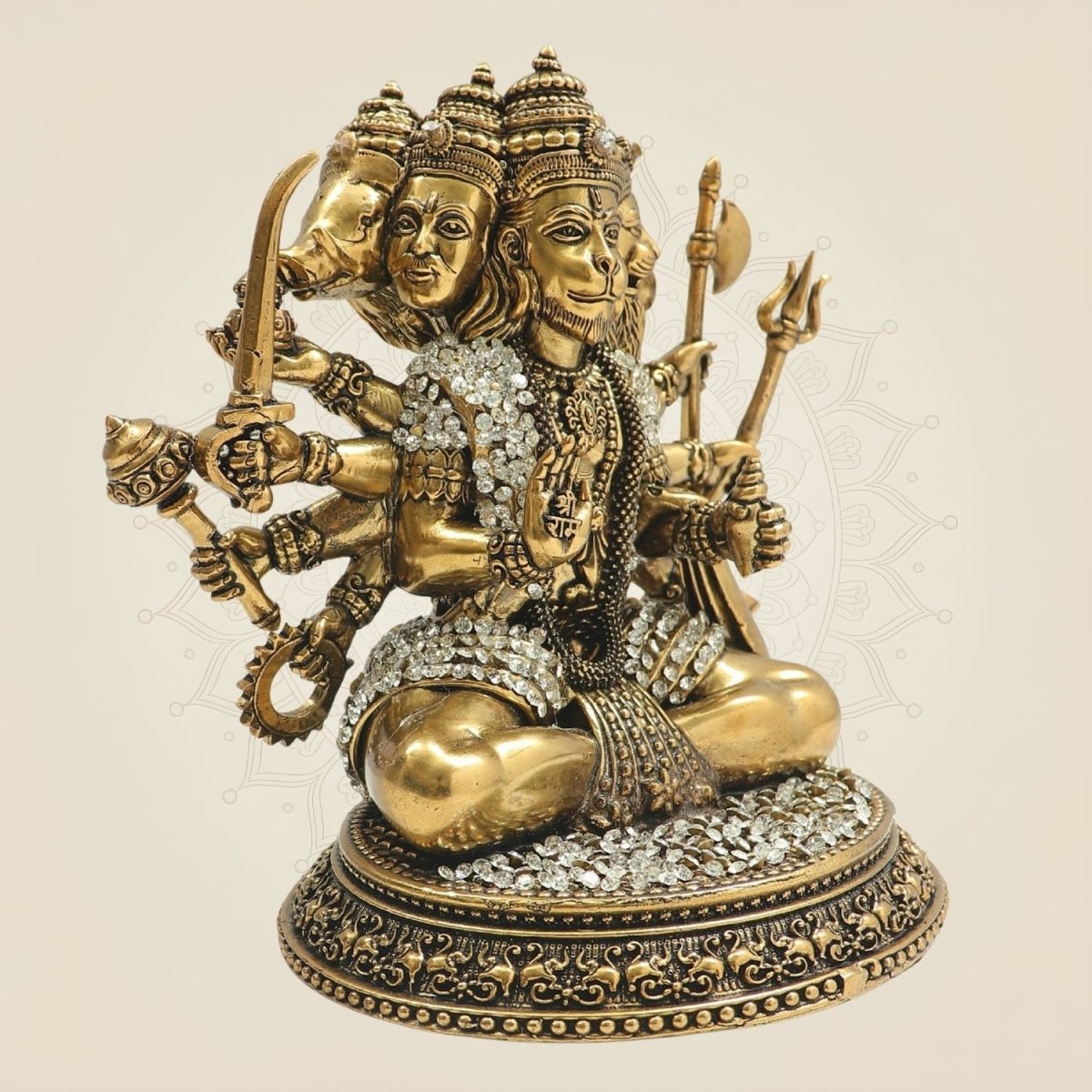 Brass Panchmukhi Hanuman Murti 6" with Refined Stone Accents - Luxeartisanship