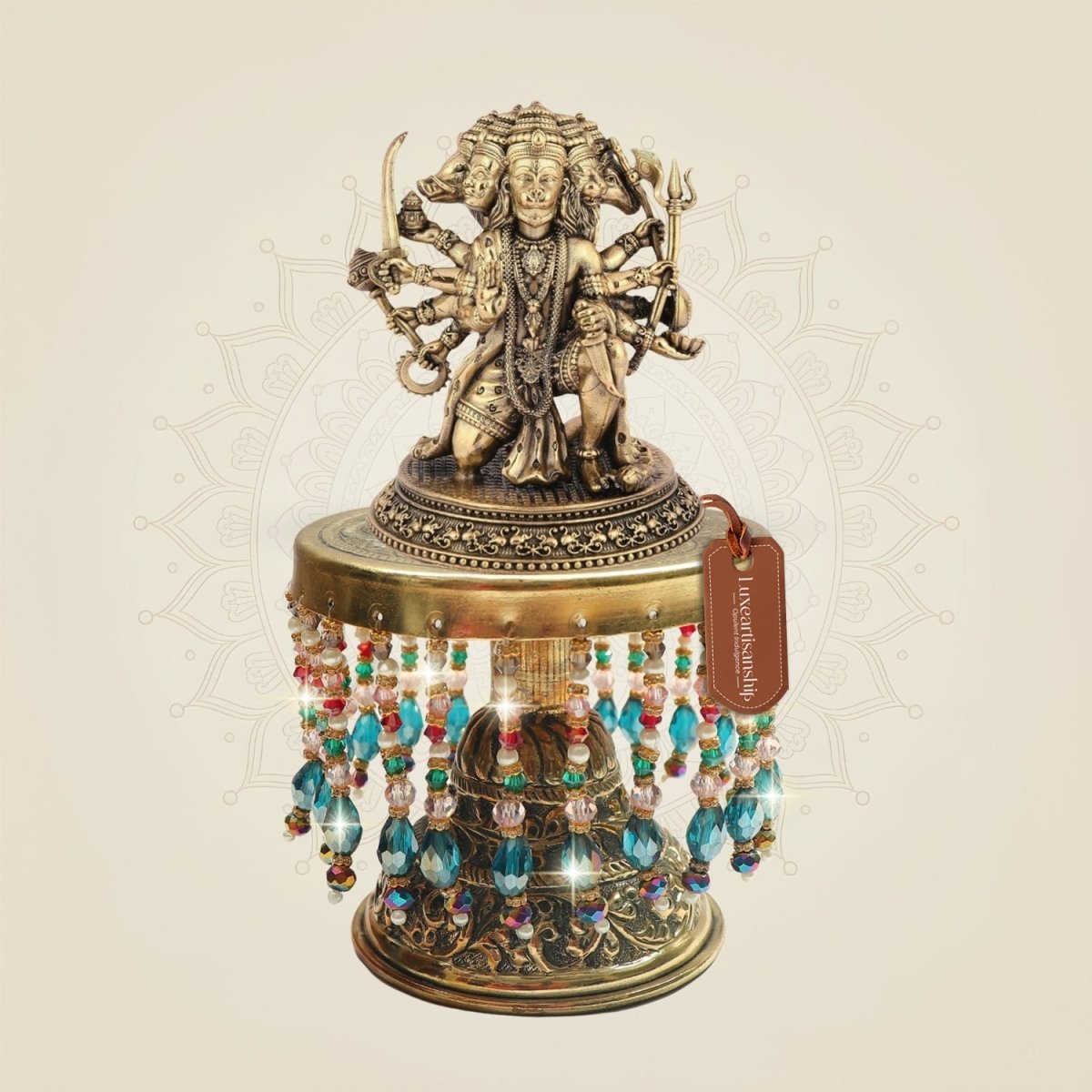 Brass Panchmukhi Hanuman Murti on Chowki for Strength Aura 7.5" - Luxeartisanship