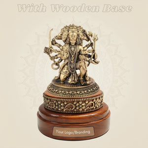 Brass Panchmukhi Hanuman’s Five Face Murti on Round Wooden Base