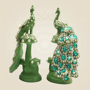 Brass Peacock Figurine on Tree Trunk with Sparkling Jewellery Stones - Luxeartisanship