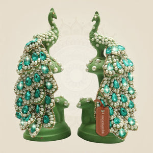 Brass Peacock Figurine on Tree Trunk with Sparkling Jewellery Stones - Luxeartisanship