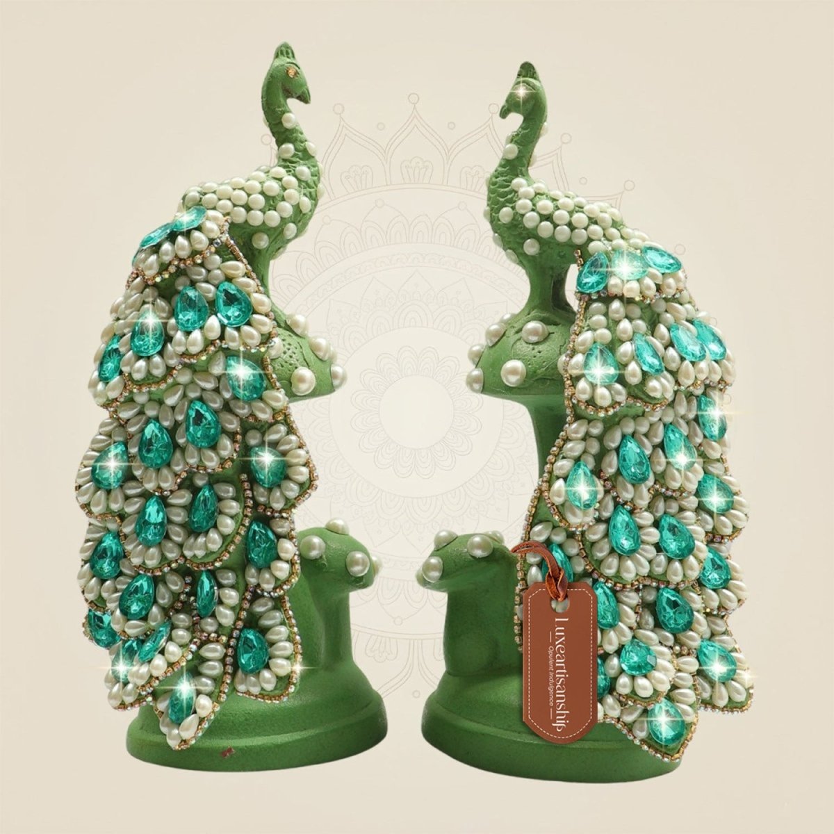 Brass Peacock Figurine on Tree Trunk with Sparkling Jewellery Stones - Luxeartisanship