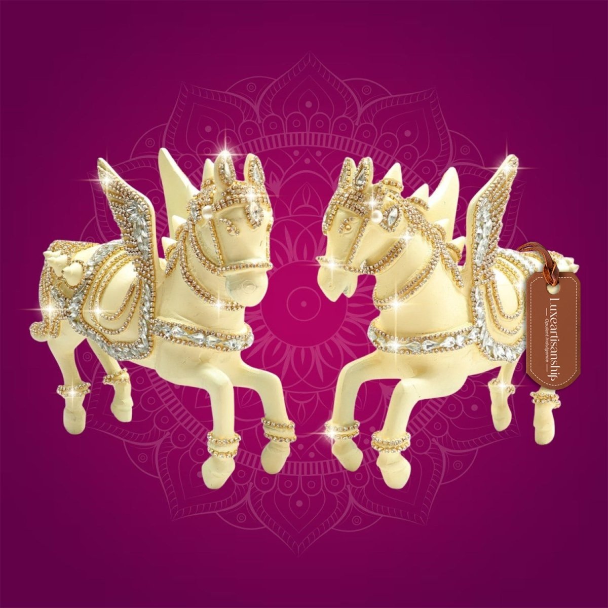 Brass Pegasus Flying Horse Figurine Set Adorned with Rhinestones - Luxeartisanship