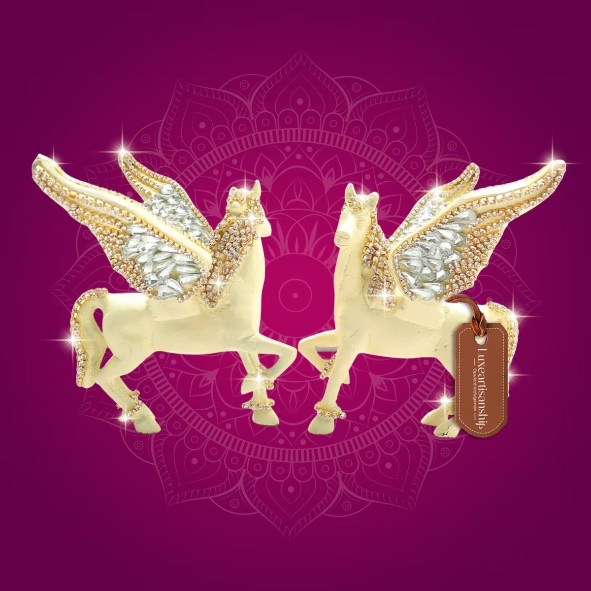 Brass Pegasus Horse Pair Statue 4.5" Decorated with Rhinestones - Luxeartisanship