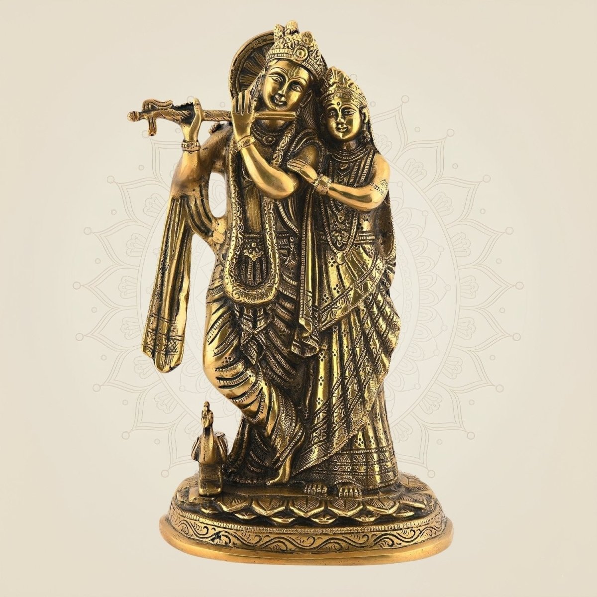Brass Radha Krishna Idol 12" | Superfine Vrindavan Couple Statue on Base | Decorative Showpiece - Luxeartisanship