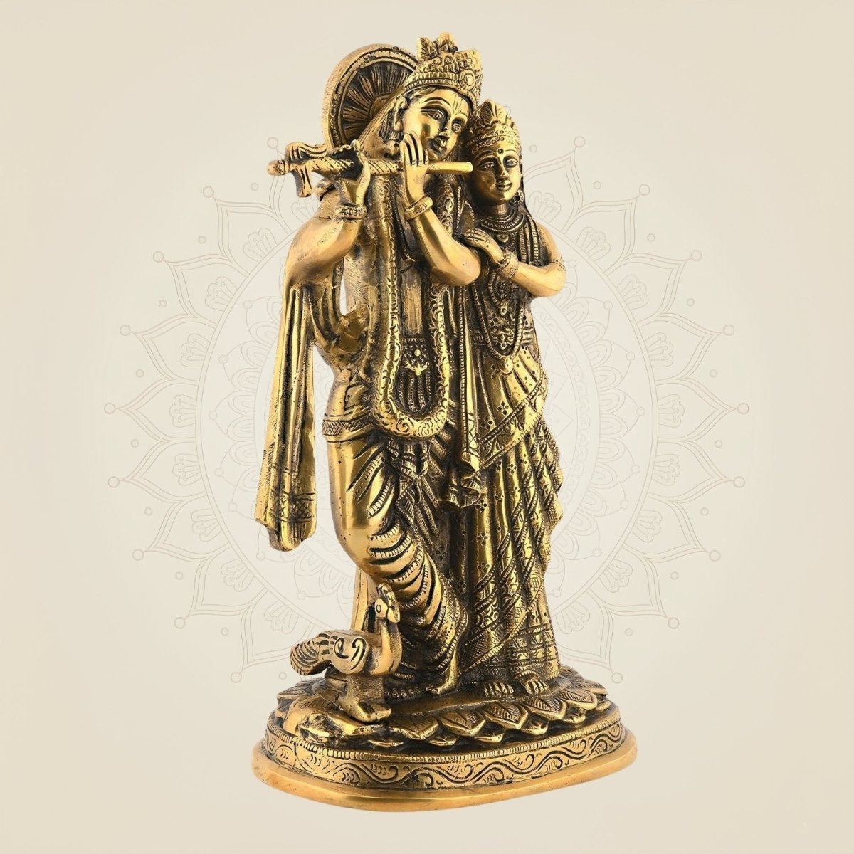 Brass Radha Krishna Idol 12" | Superfine Vrindavan Couple Statue on Base | Decorative Showpiece - Luxeartisanship