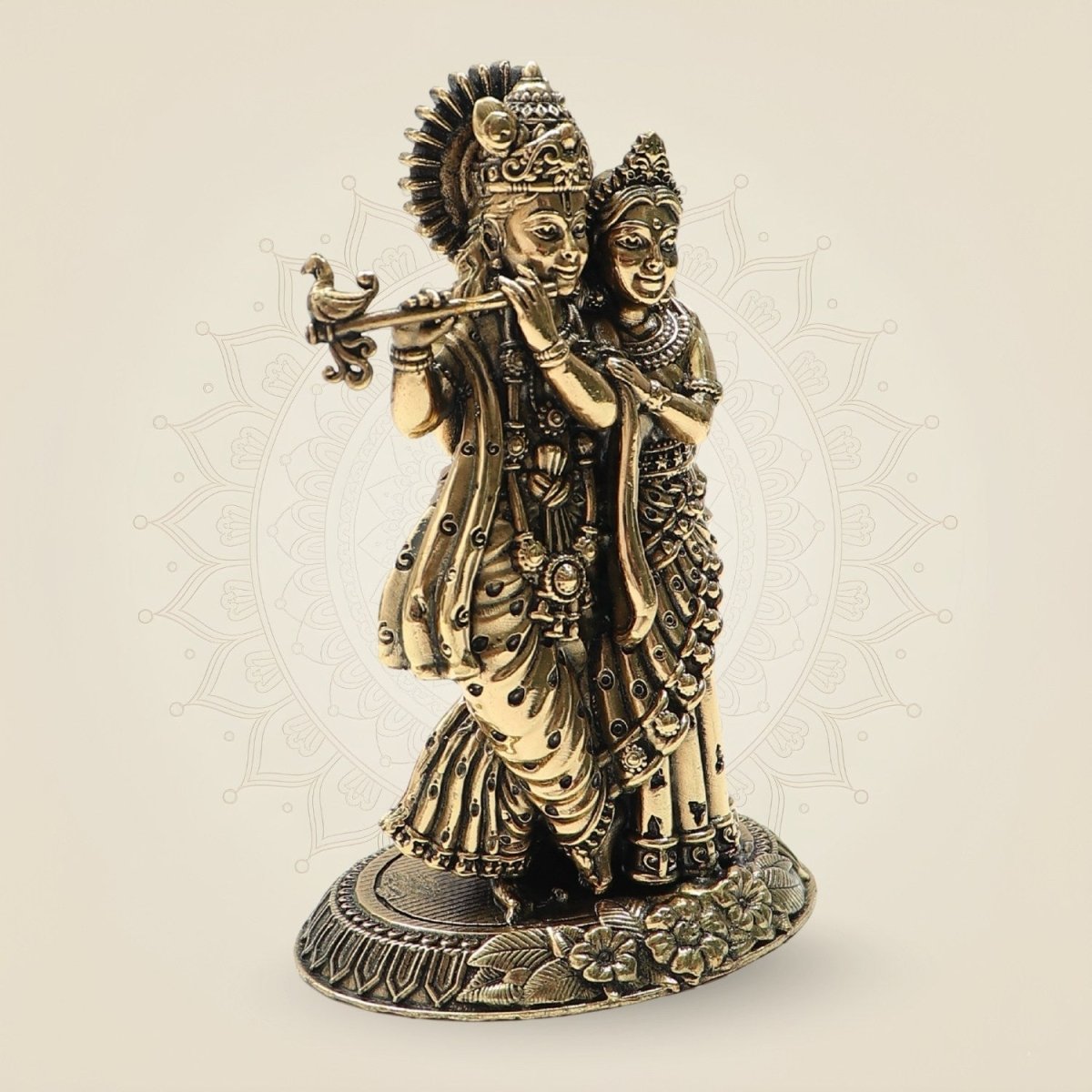 Brass Radha Krishna Idol 4"– Graceful Flute - Playing Murti for Home - Luxeartisanship