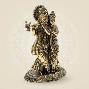 Brass Radha Krishna Idol 4"– Graceful Flute - Playing Murti for Home - Luxeartisanship