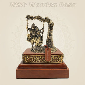 4 inch Brass Radha Krishna Murti on Swing with Square Wooden Base