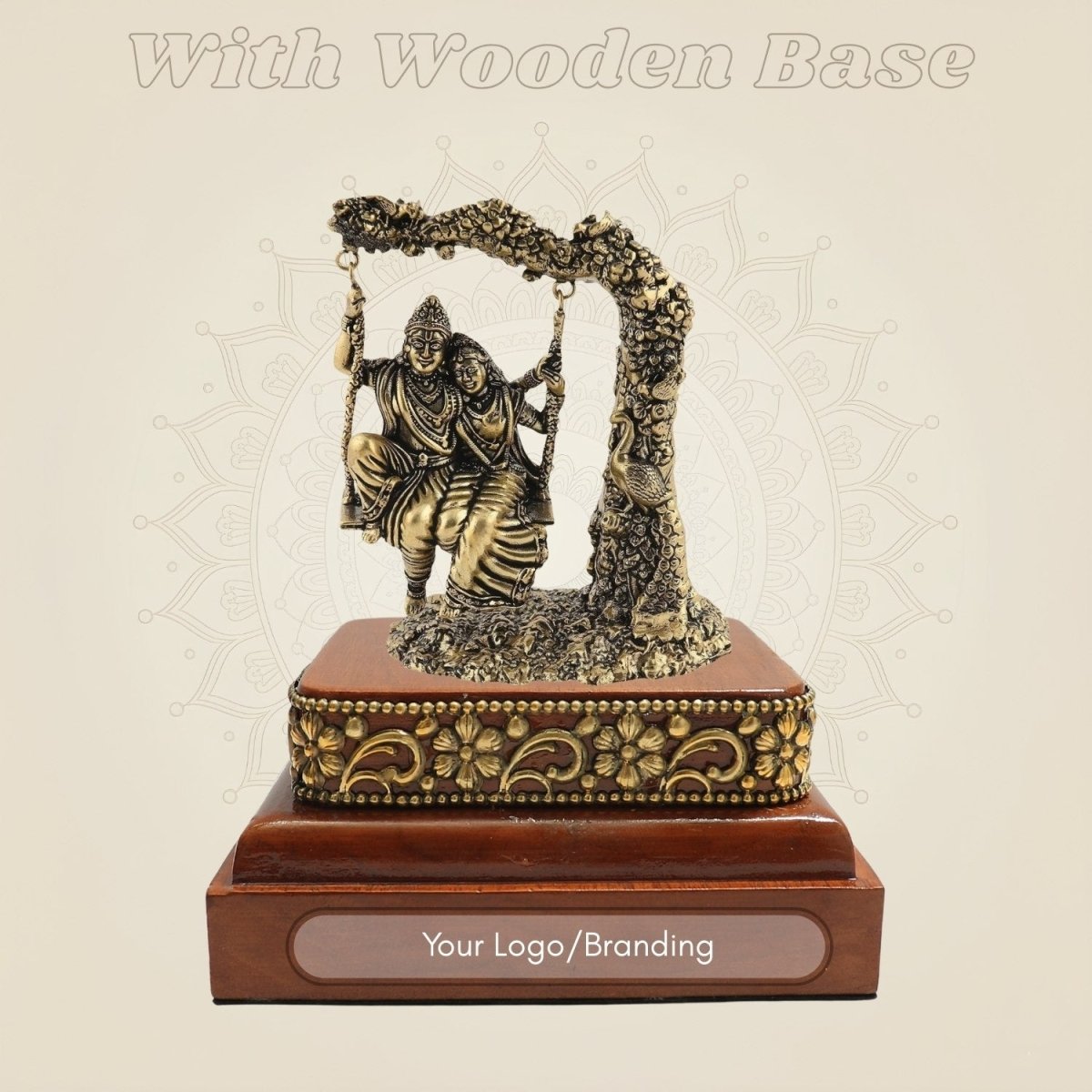 Brass Radha Krishna Idol on Swing with Square Wooden Base