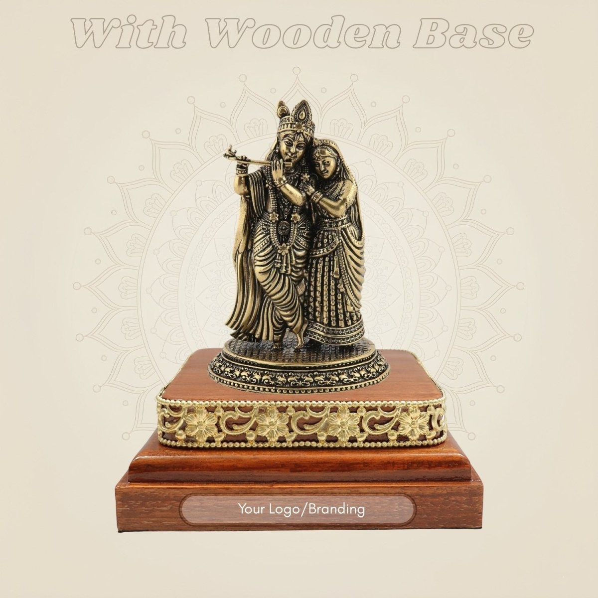 Brass Radha Krishna Sculpture on Wooden Base - Luxeartisanship