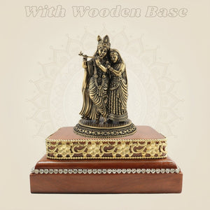 Brass Radha Krishna Idol on Wooden Base - Luxeartisanship