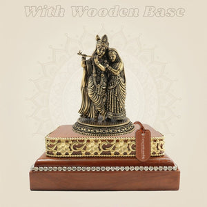Brass Radha Krishna Idol on Wooden Base - Luxeartisanship