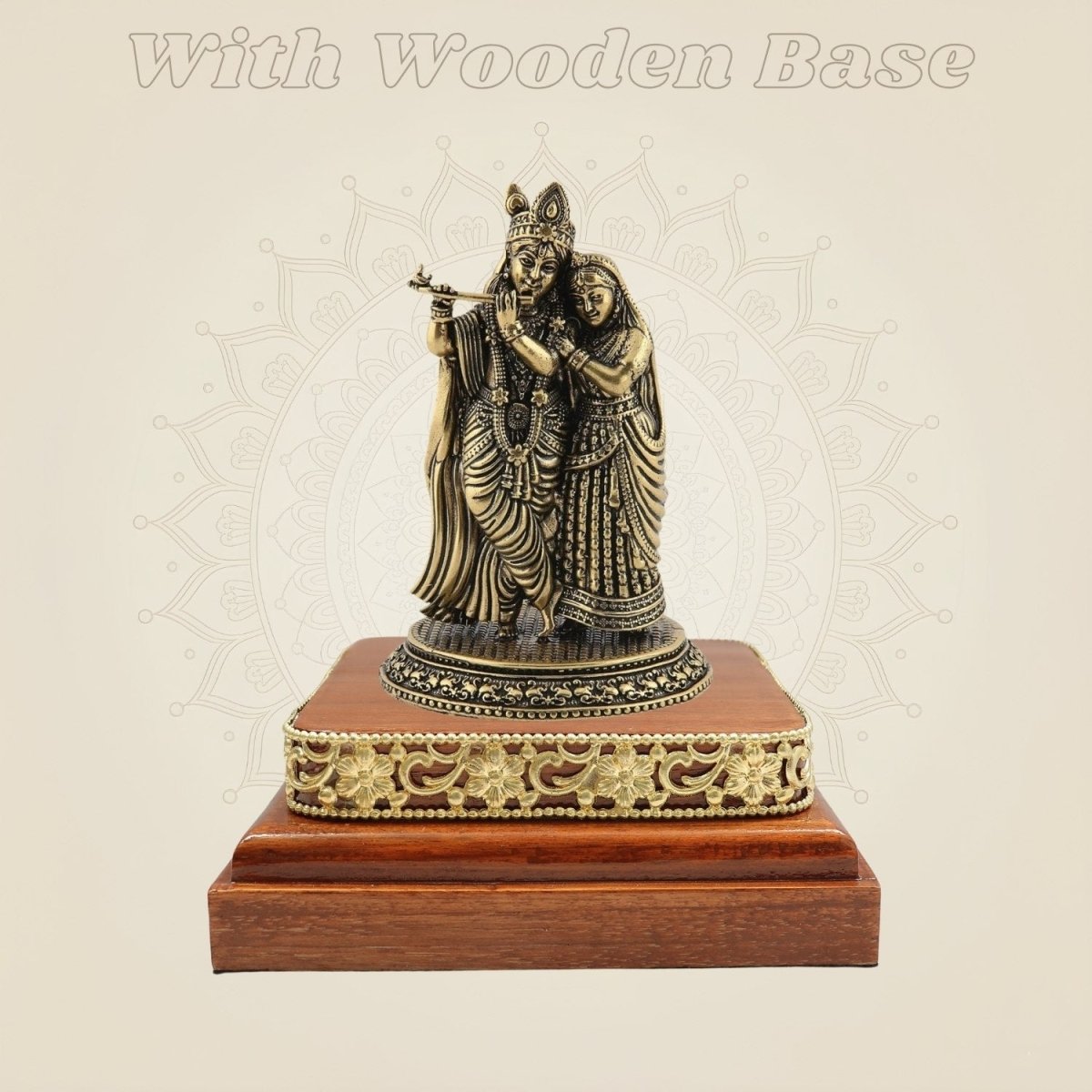 Brass Radha Krishna Murti on Wooden Base - Luxeartisanship