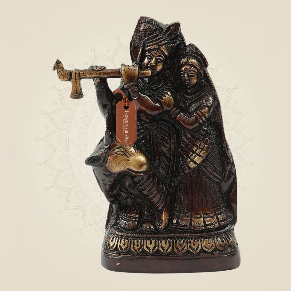 Brass Radha Krishna with Cow Idol 6"