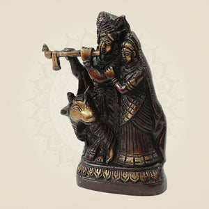Brass Radha Krishna with Cow Idol for Puja