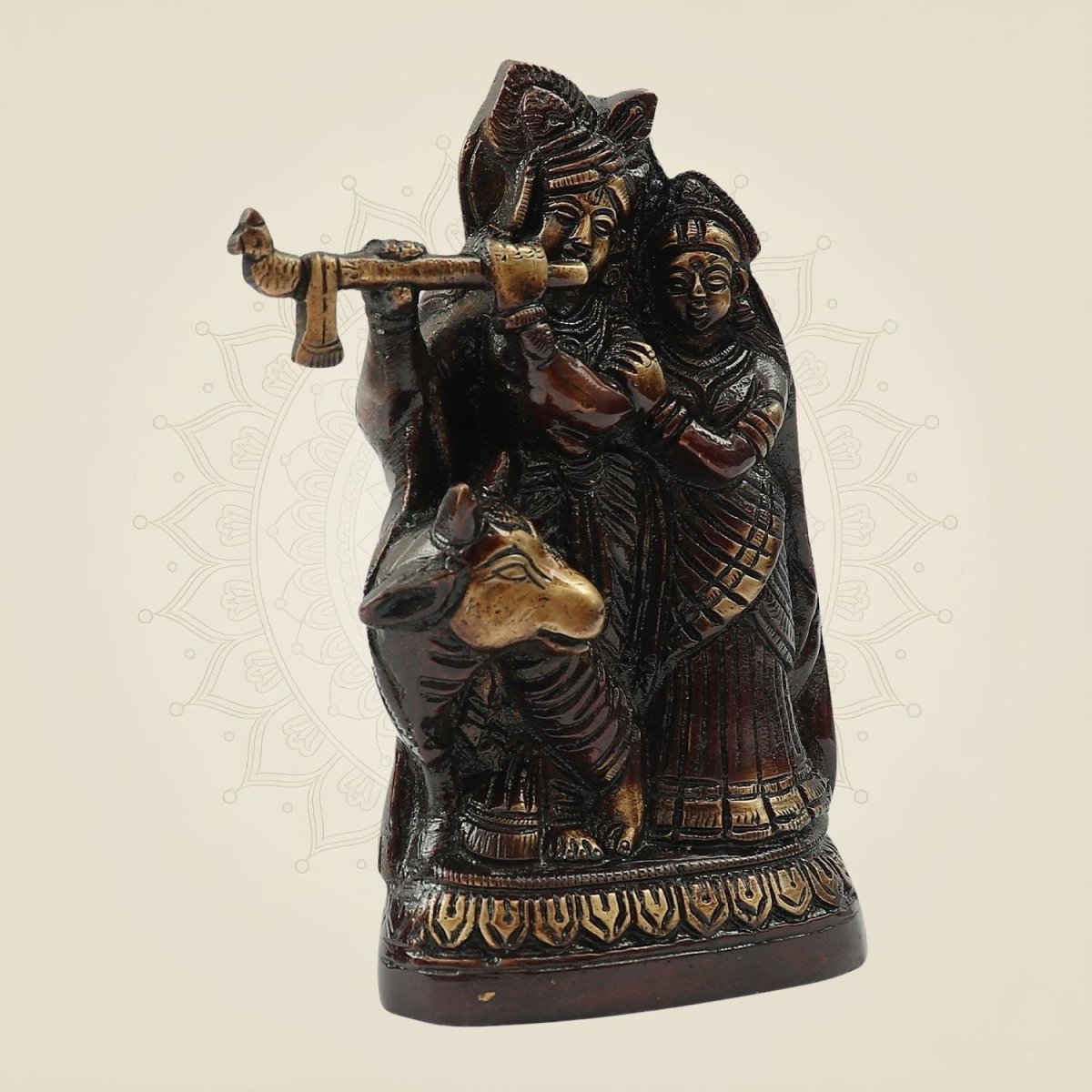 Brass Radha Krishna with Cow Idol 6" – Elegant Murti for Puja, Janmashtami & Home Décor - Luxeartisanship