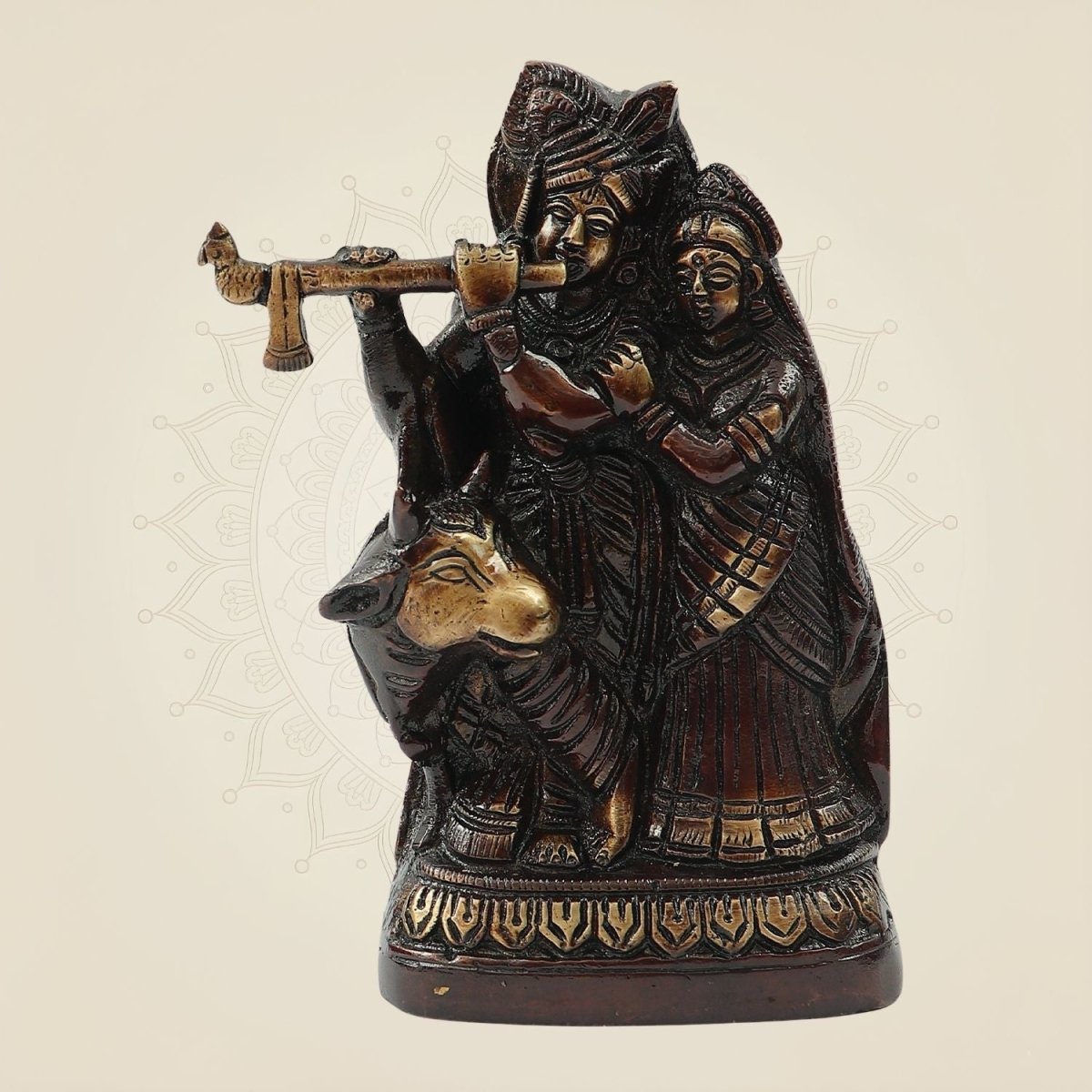 Brass Radha Krishna with Cow Idol 6" – Elegant Murti for Puja, Janmashtami & Home Décor - Luxeartisanship