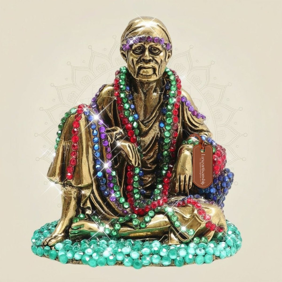 Brass Sai Baba Seated Statue with Vibrant Jewellery Stone