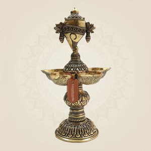 Brass Shankh Chakra Diya with 5 Deepak – Sacred Light for Divine - Luxeartisanship