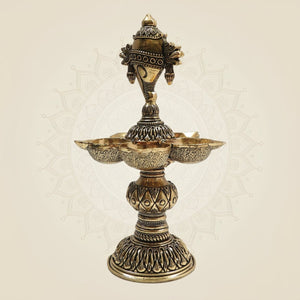 Brass Shankh Chakra Diya with 5 Deepak – Sacred Light for Divine - Luxeartisanship