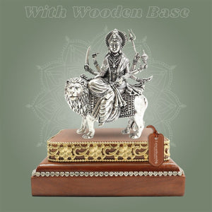 Silver Plated Brass Sherawali Durga Maa Idol with Square Wooden Base