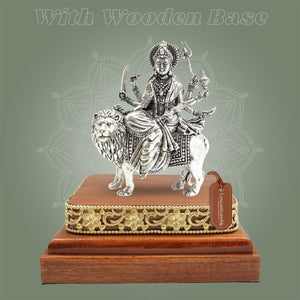 Silver Plated Brass Durga Maa Murti with Lion on Wooden Platform