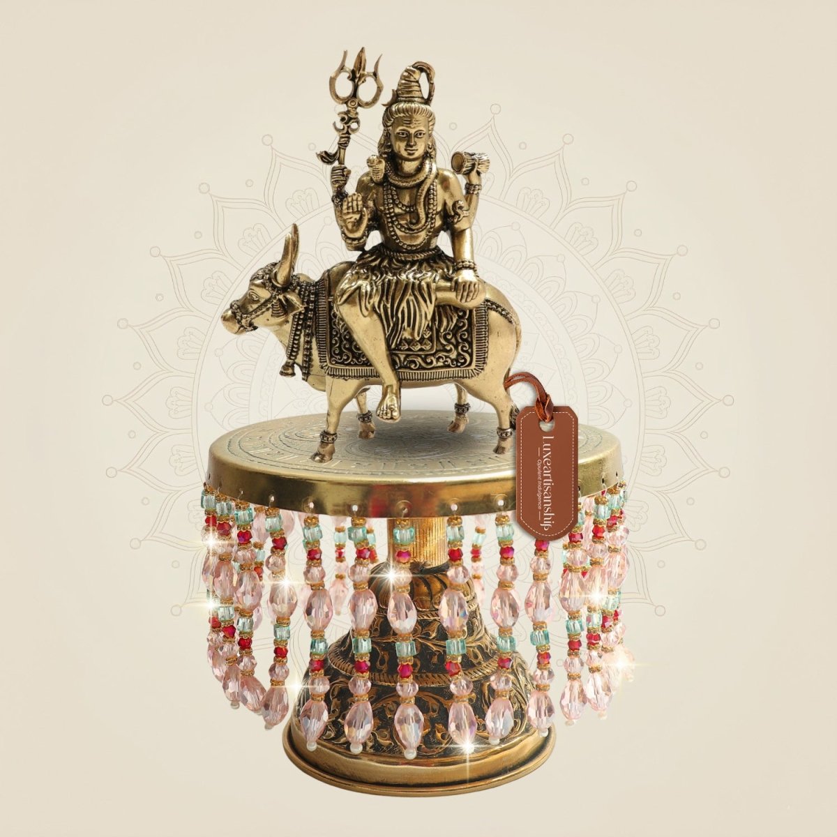 Brass Shiva Idol Seated on Nandi on Chowki for Devotional Worship 10.5" - Luxeartisanship