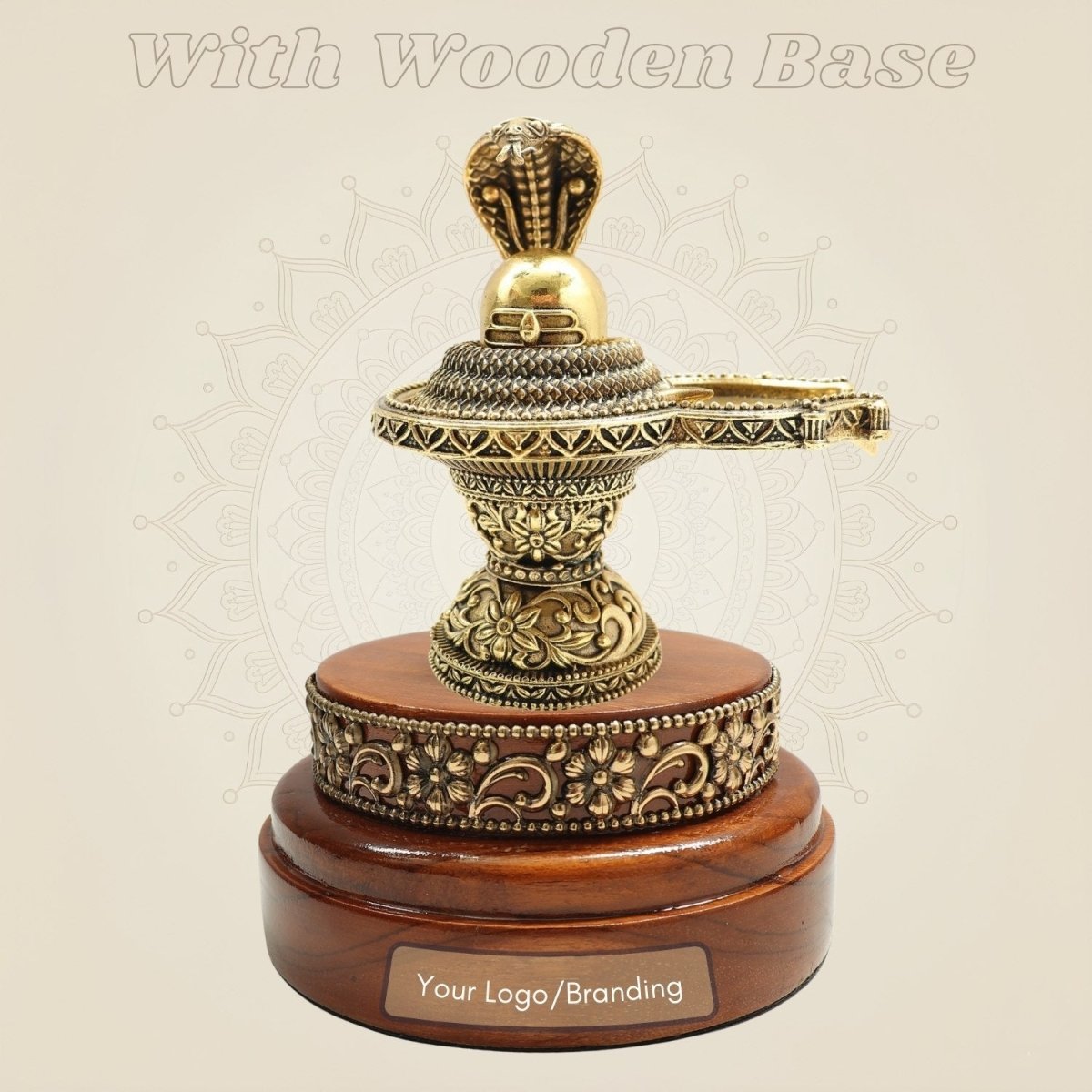 Brass Shiva Lingam 5" Featuring Naag Canopy with Round Wooden Base - Luxeartisanship