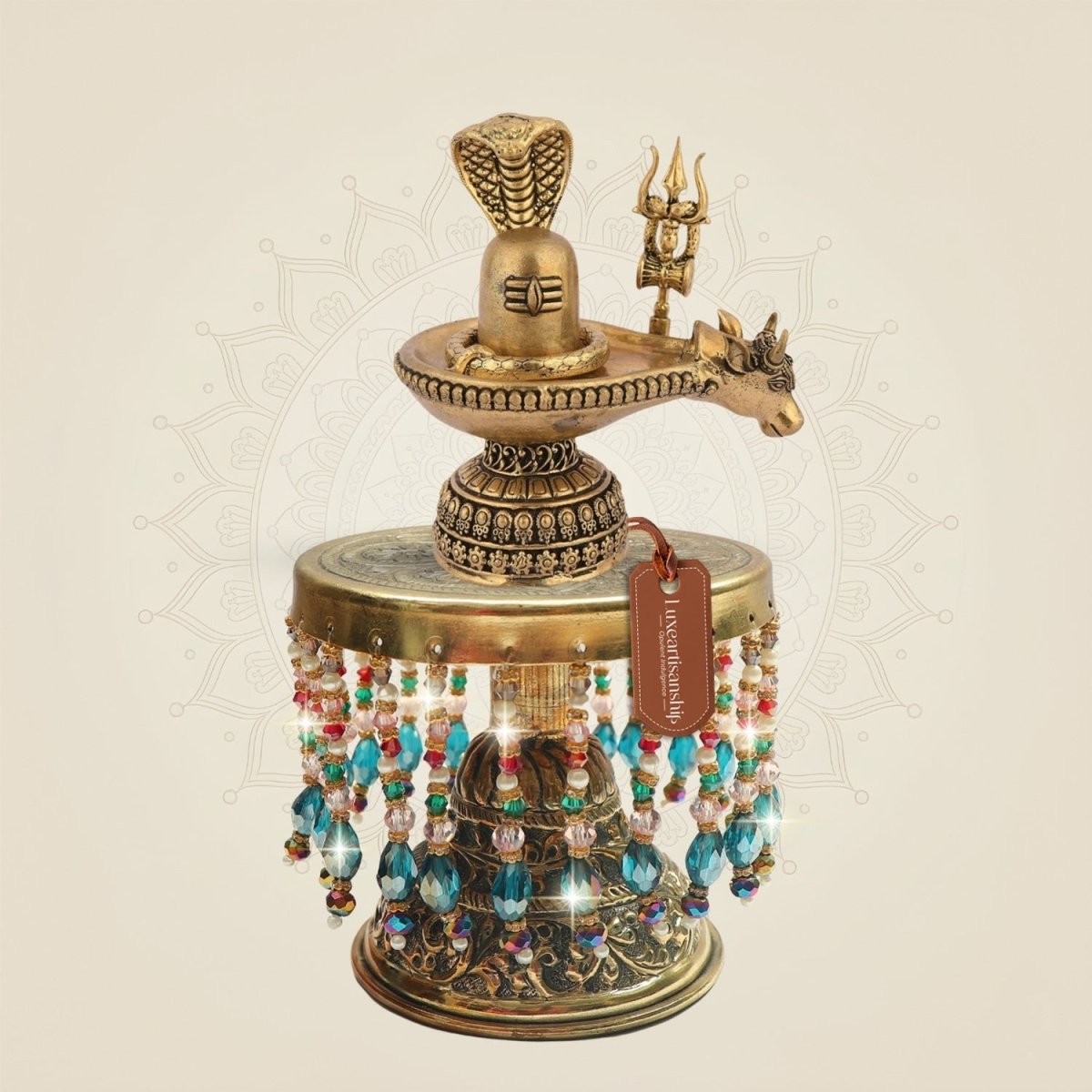 Brass Shiva Lingam with Nandi, Naag and Trishul on Chowki 7" - Luxeartisanship