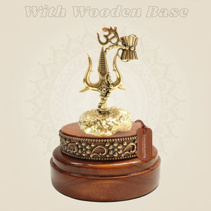 Brass Shiva Trishul 5" Featuring Damru and Om with Round Wooden Base - Luxeartisanship