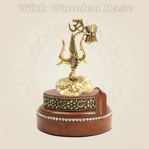 Brass Shiva Trishul 5" Featuring Damru and Om with Round Wooden Base - Luxeartisanship