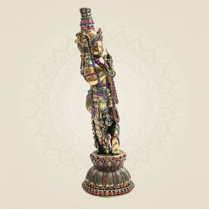 Brass South Indian Krishna Statue Playing Flute 10.75" with Rich Stone Work - Luxeartisanship