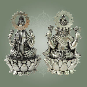 Brass Ganesha Lakshmi Statue - Silver Plated