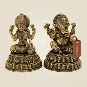 Brass Superfine Laxmi Ganesh Idol Set – 5" Wealth & Prosperity Murti - Luxeartisanship